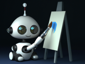 Contenuto generato da DALL·E: immagine di un robot tenero che dipinge